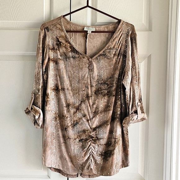 DressBarn Tie Dye Tunic V Neck w 3 Button Neckline, Sequins, Tab Sleeves L EUC - Picture 1 of 16